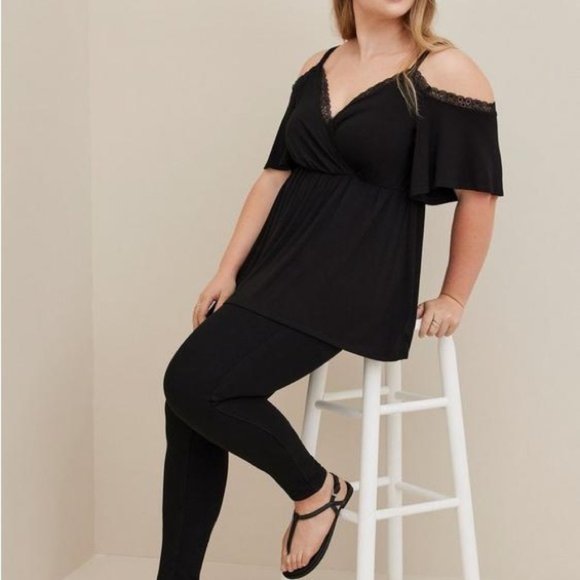 Women’s Torrid 0 Black Babydoll Super Soft Surplice Lace Trim Cold Shoulder Top - Picture 6 of 15